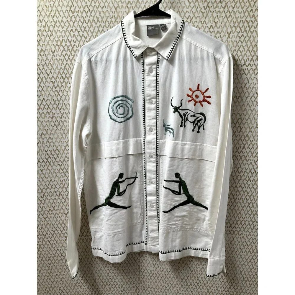 Asos Top Women‎ M Medium Multicolor Linen Collared Embroidery Cowboy Ranching